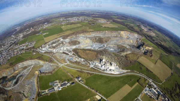 Aerial view, quarries in Warstein, fisheye, fisheye image, Warstein, North Rhine-Westphalia, Germany