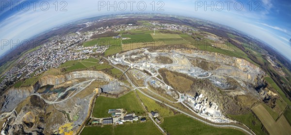 Aerial view, quarries in Warstein, fisheye, fisheye image, Warstein, North Rhine-Westphalia, Germany