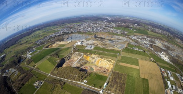 Aerial view, quarries in Warstein, fisheye, fisheye image, Warstein, North Rhine-Westphalia, Germany