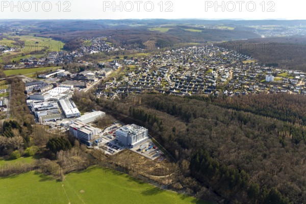 Aerial view, industrial estate Belecke-West, Max-Planck-Straße, view of Belecke, Warstein, North Rhine-Westphalia, Germany