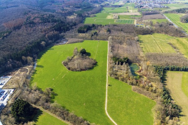 Aerial view, wooded area near Belecke-West industrial estate, Warstein, North Rhine-Westphalia, Germany