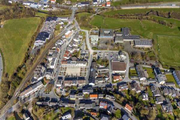 Aerial view, Wilkeplatz, shopping centre, secondary school Warstein, district Belecke, Warstein, North Rhine-Westphalia, Germany