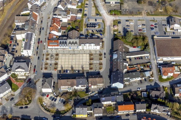 Aerial view, Wilkeplatz, shopping centre, Belecke district, Warstein, North Rhine-Westphalia, Germany