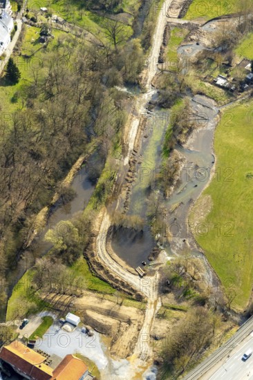 Aerial view, Wappenbaum memorial park, river Wester, flood, Warstein, North Rhine-Westphalia, Germany
