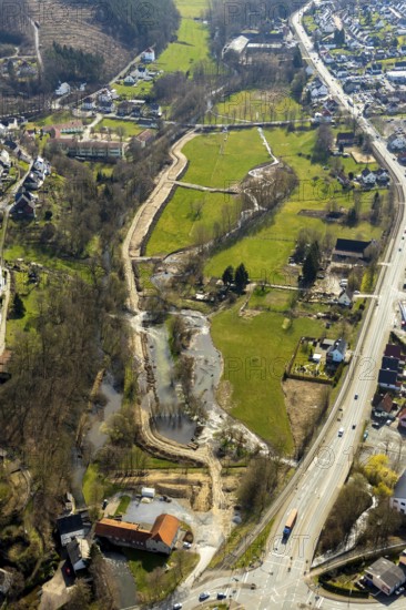 Aerial view, Wappenbaum memorial park, Stütings Mühle, River Wester, flood, Warstein, North Rhine-Westphalia, Germany