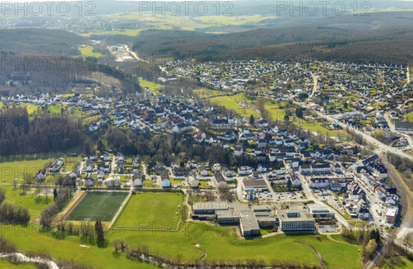 Aerial view, view of Belecke, Warstein secondary school, Möhnetal sports centre, Warstein, North Rhine-Westphalia, Germany