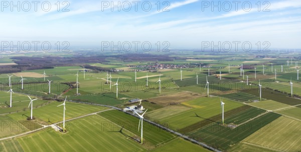 Aerial view, wind turbines on the B55 federal road, Warstein, North Rhine-Westphalia, Germany