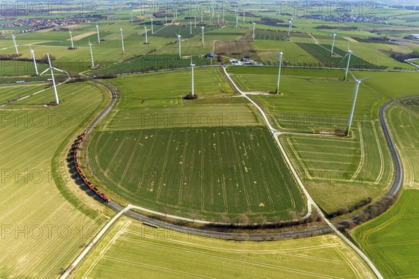 Aerial view, wind turbines on the B55 federal road, train on railway line, Warstein, North Rhine-Westphalia, Germany