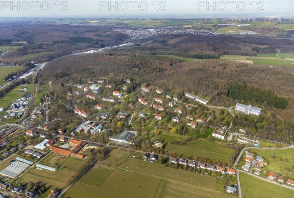 Aerial view, LWL-Klinik Warstein site, Warstein estate farm, Zum Puddelhammer industrial estate, Warstein, North Rhine-Westphalia, Germany