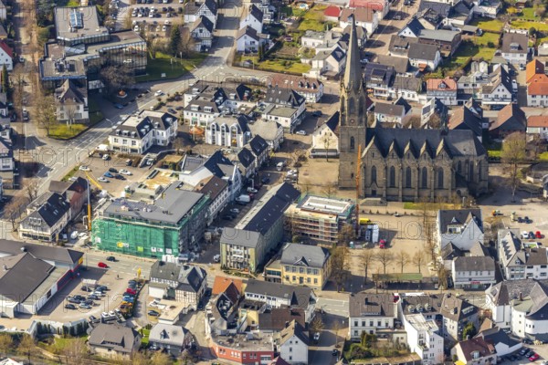 Aerial view, St. Pankratius Catholic parish church, Warstein town hall, construction site for town hall extension on market square, new cathedral block on Dieplohstraße, North Rhine-Westphalia, Germany