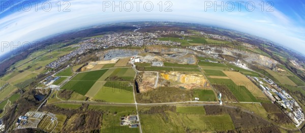 Aerial view, quarries in Warstein, fisheye, fisheye image, Warstein, North Rhine-Westphalia, Germany