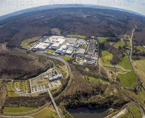 Aerial view, Warsteiner Brewery, Warsteiner Welt guest house, Warsteiner Welt visitor centre, Warstein, North Rhine-Westphalia, Germany