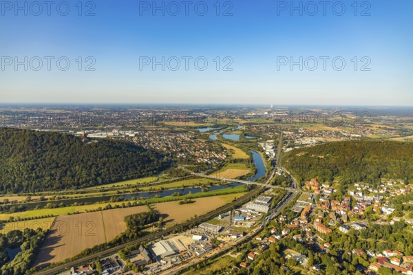 Aerial photograph, Kaiser Wilhelm Monument, Barkhausen, Porta Westfalica, OWL, Ostwestfalen-Lippe, East Westphalia, North Rhine-Westphalia, Germany, DE, monument, Europe, River Weser, Kaiser statue, aerial photograph, aerial photography, aerial photography, national monument, OWL book, OWL book, sight, late Wilhelminianism, street of monuments, Tor tor to Westphalia, overview, bird's-eye view, landmark, forest, forest area, Weser breakthrough, Wiehengebirge, Wittekindsberg, birds-eyes view, overview