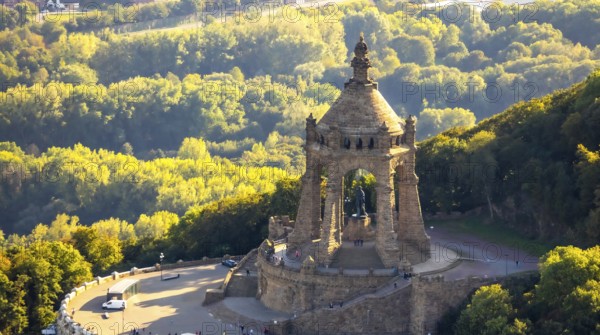 Aerial photograph, Kaiser Wilhelm Monument, Barkhausen, Porta Westfalica, OWL, Ostwestfalen-Lippe, East Westphalia, North Rhine-Westphalia, Germany, DE, monument, Europe, imperial statue, aerial photograph, aerial photography, aerial photography, national monument, OWL book, OWLBuch, Ringterrasse, sight, late Wilhelminianism, street of monuments, Tor tor to Westphalia, overview, bird's-eye view, landmark, forest, forest area, Weser breakthrough, Wiehengebirge, Wittekindsberg, birds-eyes view, overview