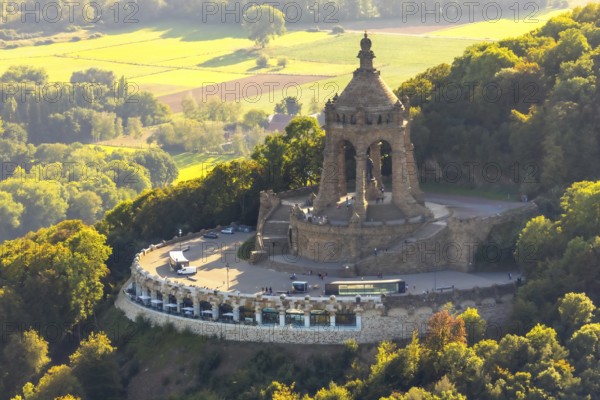 Aerial photograph, Kaiser Wilhelm Monument, Barkhausen, Porta Westfalica, OWL, Ostwestfalen-Lippe, East Westphalia, North Rhine-Westphalia, Germany, DE, monument, Europe, imperial statue, aerial photograph, aerial photography, aerial photography, national monument, OWL book, OWLBuch, Ringterrasse, sight, late Wilhelminianism, street of monuments, Tor tor to Westphalia, overview, bird's-eye view, landmark, forest, forest area, Weser breakthrough, Wiehengebirge, Wittekindsberg, birds-eyes view, overview
