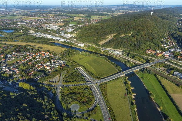 Aerial view, river Weser, Weser breakthrough, Wiehengebirge, Barkhausen, Porta Westfalica, OWL, Ostwestfalen-Lippe, East Westphalia, North Rhine-Westphalia, Germany, DE, Europe, aerial view, aerial photography, aerial photography, national monument, OWL book, OWL book, sight, road of monuments, Tor tor to Westphalia, overview, bird's-eye view, landmark, forest, forest area, Wittekindsberg, birds-eyes view, overview