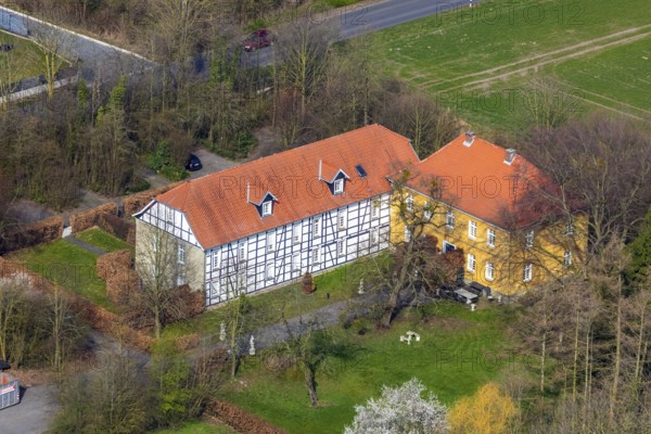 Aerial view, Haus Hilbeck, manor house, former moated castle, Werl, North Rhine-Westphalia, Germany