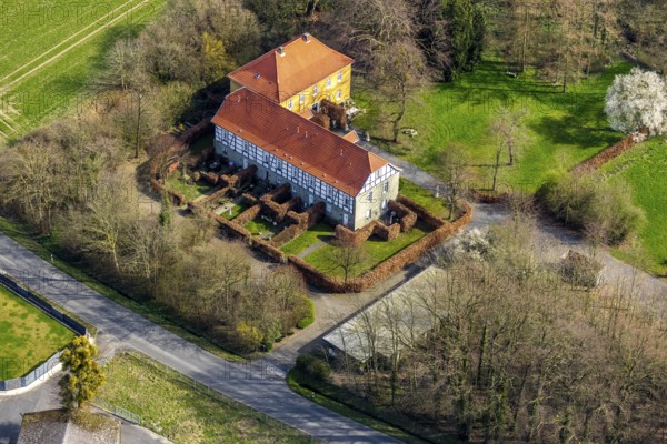 Aerial view, Haus Hilbeck, manor house, former moated castle, Werl, North Rhine-Westphalia, Germany