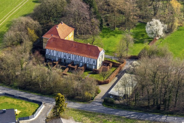 Aerial view, Haus Hilbeck, manor house, former moated castle, Werl, North Rhine-Westphalia, Germany