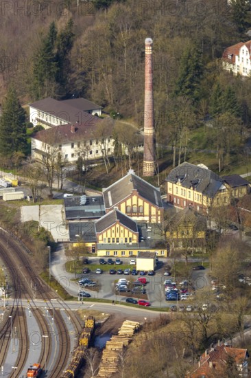 Aerial view, Warstein goods station, LWL boiler house with chimney, Warstein, North Rhine-Westphalia, Germany