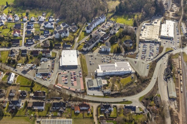 Aerial view, shopping centre, Aldi. Lidl, Edeka, Alte Kreisstraße, Warstein, North Rhine-Westphalia, Germany