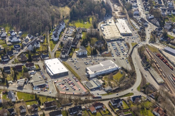 Aerial view, shopping centre, Aldi. Lidl, Edeka, Alte Kreisstraße, Warstein, North Rhine-Westphalia, Germany