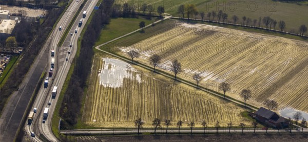 Aerial photograph, flooded meadow area, arable land, near Hammer Straße industrial estate, Werl, North Rhine-Westphalia, Germany