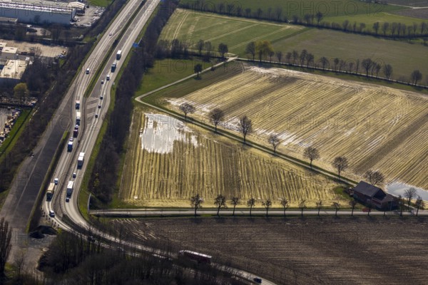 Aerial photograph, flooded meadow area, arable land, near Hammer Straße industrial estate, Werl, North Rhine-Westphalia, Germany