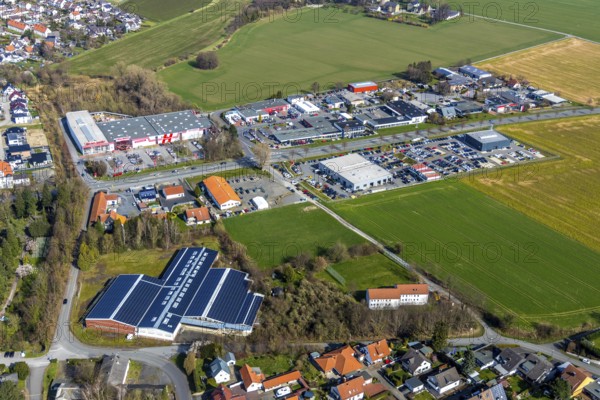 Aerial view, Soester Straße industrial estate, Hellweg DIY store, Werl, North Rhine-Westphalia, Germany
