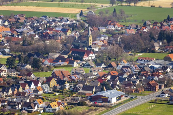 Aerial view, residential area, St. Cäcilia Westönnen Catholic Church, Werl, North Rhine-Westphalia, Germany