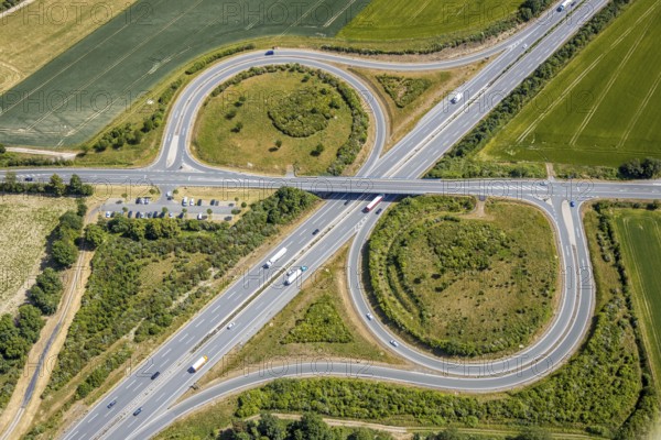 Aerial view, motorway A44 junction 55 Werl-Süd, car park Werl-Süd, federal road B516, Neheimer Straße, Werl, Soester Börde, North Rhine-Westphalia, Germany