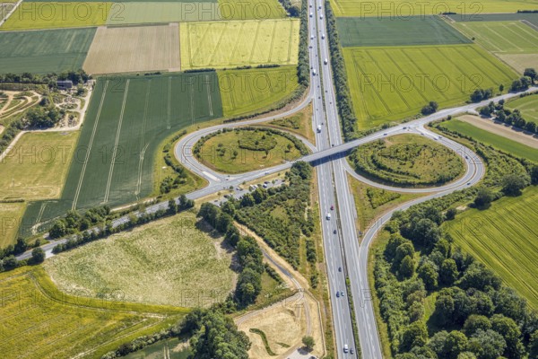 Aerial view, motorway A44 junction 55 Werl-Süd, car park Werl-Süd, federal road B516, Neheimer Straße, Werl, Soester Börde, North Rhine-Westphalia, Germany