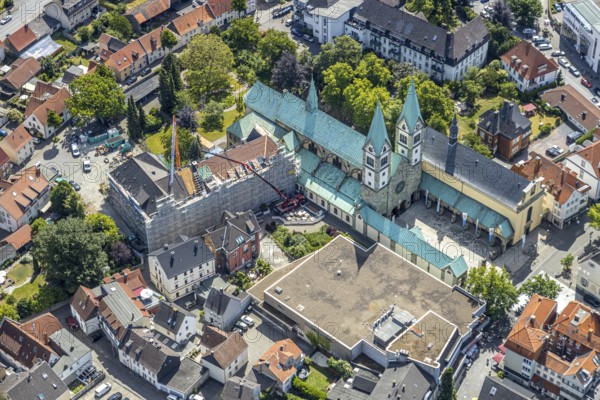 Aerial view, Catholic pilgrimage basilica of the Visitation of the Virgin Mary, Franciscan monastery, renovation of monastery facade, scaffolding around facade, Werl, Soester Börde, North Rhine-Westphalia, Germany