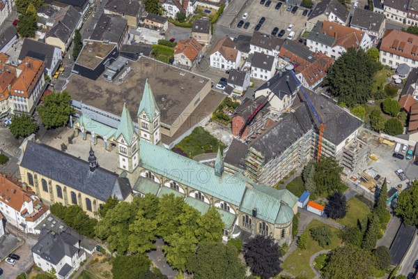 Aerial view, Catholic pilgrimage basilica of the Visitation of the Virgin Mary, Franciscan monastery, renovation of monastery facade, scaffolding around facade, Werl, Soester Börde, North Rhine-Westphalia, Germany