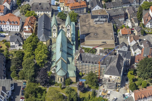 Aerial view, Catholic pilgrimage basilica of the Visitation of the Virgin Mary, Franciscan monastery, renovation of monastery facade, scaffolding around facade, Werl, Soester Börde, North Rhine-Westphalia, Germany