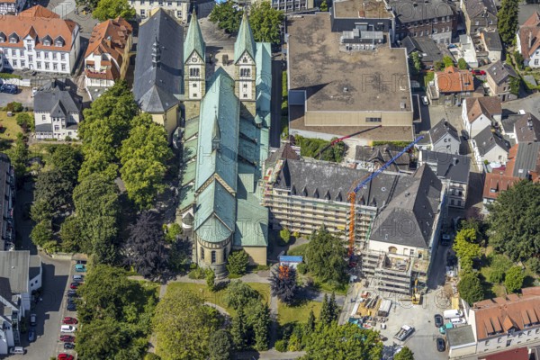 Aerial view, Catholic pilgrimage basilica of the Visitation of the Virgin Mary, Franciscan monastery, renovation of monastery facade, scaffolding around facade, Werl, Soester Börde, North Rhine-Westphalia, Germany