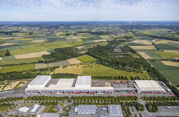 Aerial view, ATU warehouse, Werl sewage treatment plant, Soest waste management company, KonWerl industrial estate, Werl, Soester Börde, North Rhine-Westphalia, Germany
