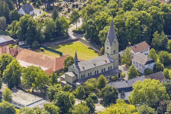 Aerial view, St Cecilia's Catholic Church, Catholic public library, cemetery, Westönnen, Werl, Soester Börde, North Rhine-Westphalia, Germany