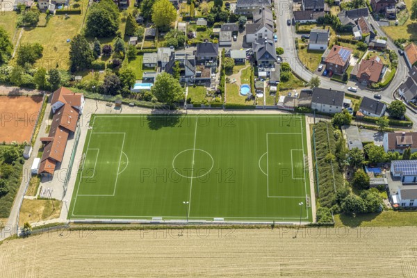 Aerial view, football pitch artificial turf, RW Westönnen, Westönnen, Werl, Soester Börde, North Rhine-Westphalia, Germany