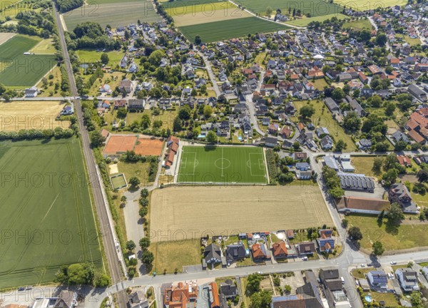 Aerial view, sports facility, sports field, football pitch, artificial turf, tennis courts SV Rot Weiß Westönnen, Westönnen, Werl, Soester Börde, North Rhine-Westphalia, Germany