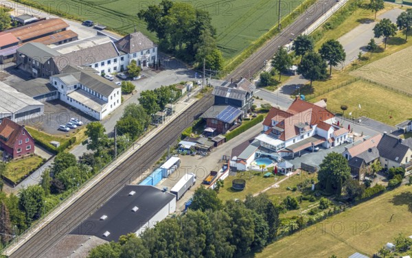 Aerial view, Westönnen railway station, railway line, Westönnen, Werl, Soester Börde, North Rhine-Westphalia, Germany