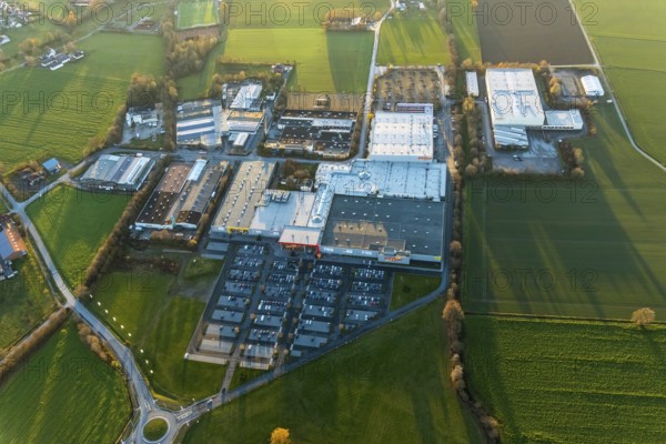 Aerial view, Processionsweg industrial estate, Möbel Turflon, car parks, Werl, North Rhine-Westphalia, Germany