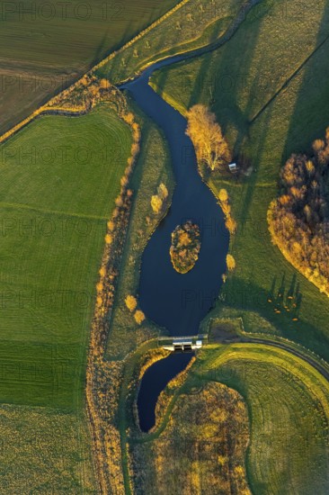 Aerial view, Sönnerbach and Salzbach streams and pond in autumn landscape, Werl, North Rhine-Westphalia, Germany