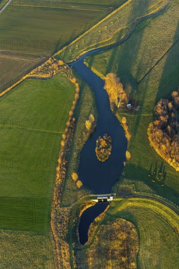 Aerial view, Sönnerbach and Salzbach streams and pond in autumn landscape, Werl, North Rhine-Westphalia, Germany