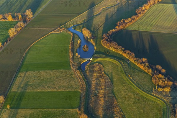 Aerial view, Sönnerbach and Salzbach streams and pond in autumn landscape, Werl, North Rhine-Westphalia, Germany