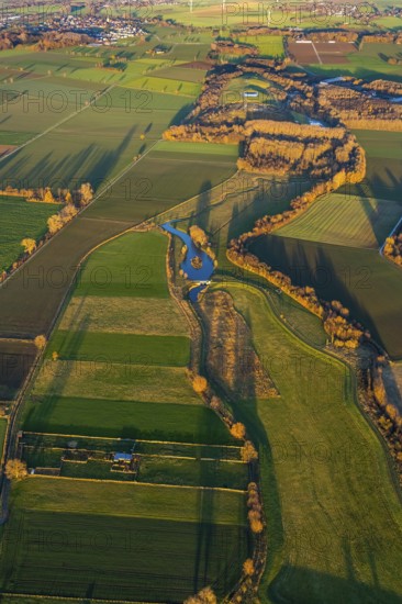 Aerial view, Sönnerbach and Salzbach streams and pond in autumn landscape, Werl, North Rhine-Westphalia, Germany