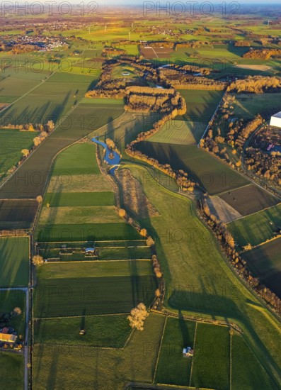 Aerial view, Sönnerbach and Salzbach streams and pond in autumn landscape, Werl, North Rhine-Westphalia, Germany