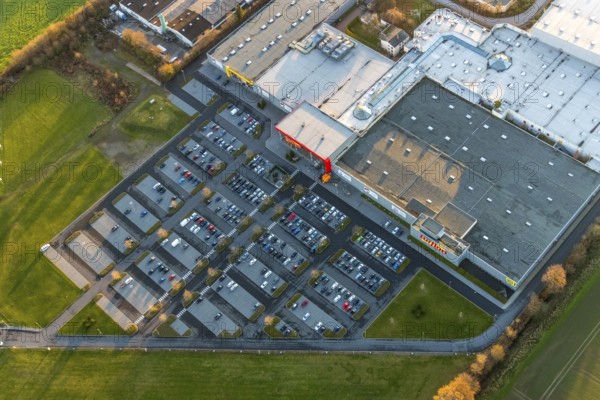 Aerial view, Processionsweg industrial estate, Möbel Turflon, car parks, Werl, North Rhine-Westphalia, Germany