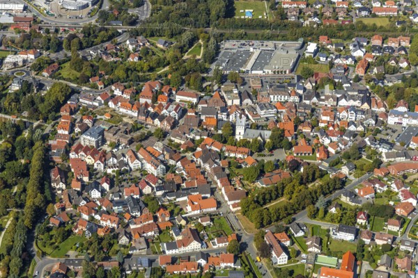 Aerial view, town view, centre, catholic church St. Johannes Enthauptung, Salzkotten, OWL, Ostwestfalen-Lippe, East Westphalia, North Rhine-Westphalia, Germany, old town, place of worship, DE, Europe, religious community, place of worship, holy place, city centre, church, parish, Klingelstraße, denomination, aerial view, aerial photography, aerial photography, OWL-Buch, OWLBuch, religion, religious site, townscape, city area, city centre, overview, bird's-eye view, bird's-eye view, overview