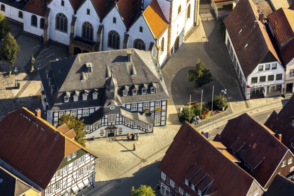 Aerial view, Rietberg town hall, Rietberg, OWL, Ostwestfalen-Lippe, East Westphalia, North Rhine-Westphalia, Germany, authority, DE, Europe, half-timbered houses, aerial view, aerial photography, aerial photography, OWL book, OWL book, town hall, town hall street, sight, city administration, overview, bird's-eye view, overview